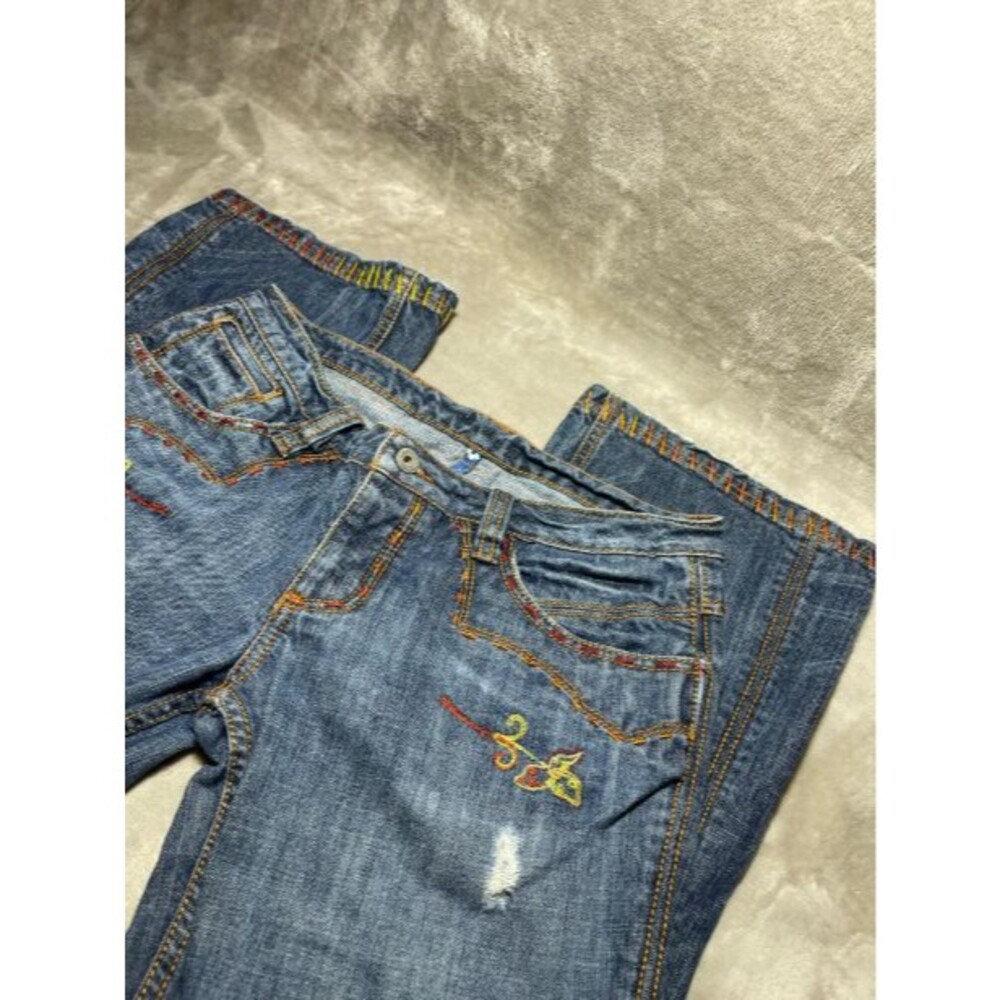 Antik Denim Y2K Flare Jeans Women Size 29 Denim Embroidered Low Rise - Picture 8 of 12